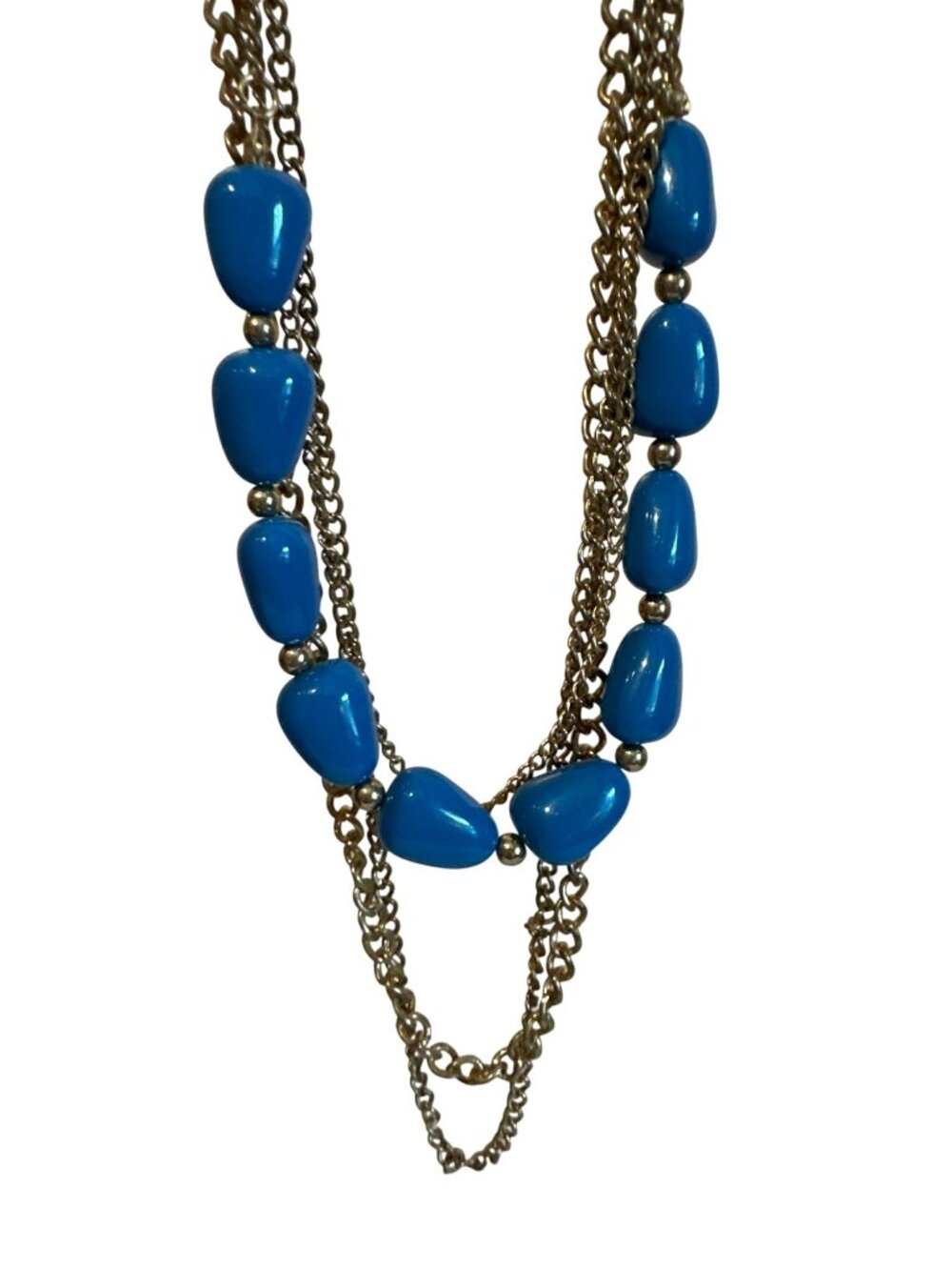 Multi-Layer Chain Necklace Blue Bead Modern Career Statement Jewelry Gold Tone